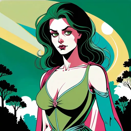 Prompt: A female human figure who personifying the Daughter of the Mighty ones, in emerald green, sky blue, early spring green and bright rose of cerise rayed pale yellow, dramatic, graphic novel illustration,  2d shaded retro comic book