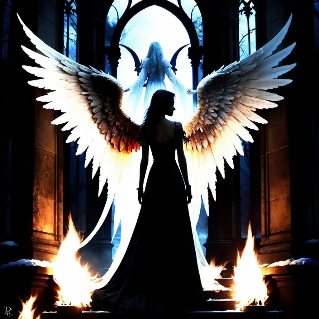 Prompt: Where angels dare to tread, age of no light, nightfall,fire and ice,gothic art,digital art