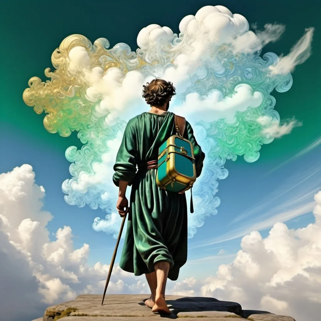 Prompt:  an intricate cloud system is shaping the figure of the spirit of the aethyr, a wanderer is walking with his luggage, male, scintillating intelligence,dominant  pale yellow, sky blue, blue emerald green and emerald flecked gold color tonality, fractal, brilliant colours, masterpiece, highly detailed, 4k resolution,  3d modelling, digital art, abstract art, Caravaggio art