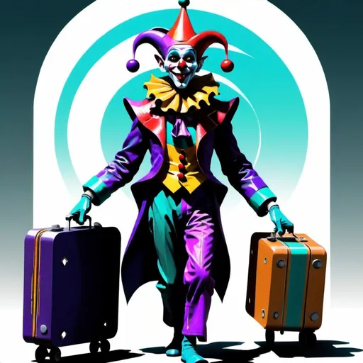 Prompt: A futuristic crazy jester wandering around carrying a suitcase, digital art, science-fiction, pulp style