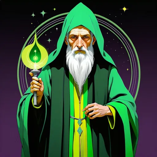 Prompt: The Hermit, dressed in green yellowish,state grey,green gray and plum colour, intelligence of will, the Prophet of Eternal, the Magus of the Voice of Power, Virgo, Caza art, digital art