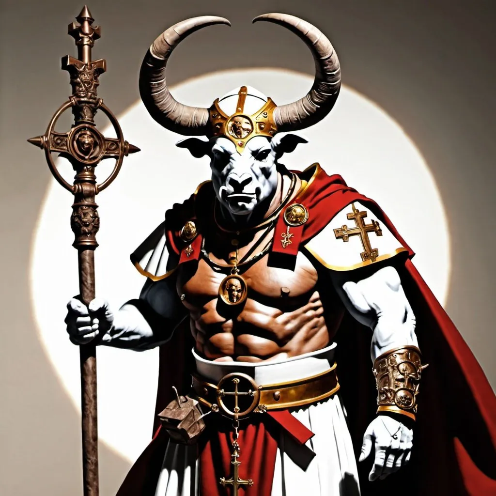 Prompt: A Minotaur, the Magus of the Eternal, the Pope