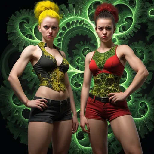 Prompt:  two young ladies,displaying their own power.((one is brutally cunning and the other is cunningly brutal)).((rude,brutal,strenght,badass,boss,ugly)),((green,yellow, black, red)),(( Full figure wiew)). ((Three quarter wiew)).((fractal)),((deep wiew)),modern suburbs scenario background,photographic,ultra high resolution,hyperdetailed, masterpiece, 3d modelling, digital art.