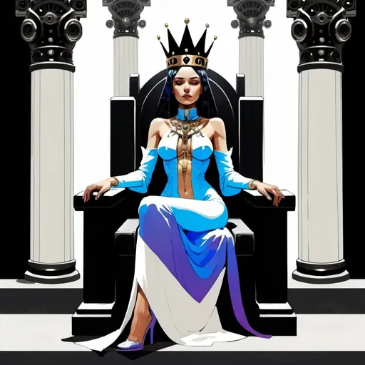 Prompt: A crowned priestess half human and half machine who is sitting on a throne between two columns, one white and one black, digital art, science-fiction, pulp style