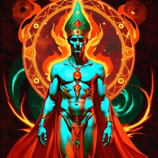 Prompt:  A male human figure who personifying the tarot of the Judgement, dressed in glowing orange scarlet, vermillion, scarlet flecked gold and vermillion flecked gold and emerald, perpetual intelligence, The Spirit of the Primal Fire, Fire, Caza art, digital art
