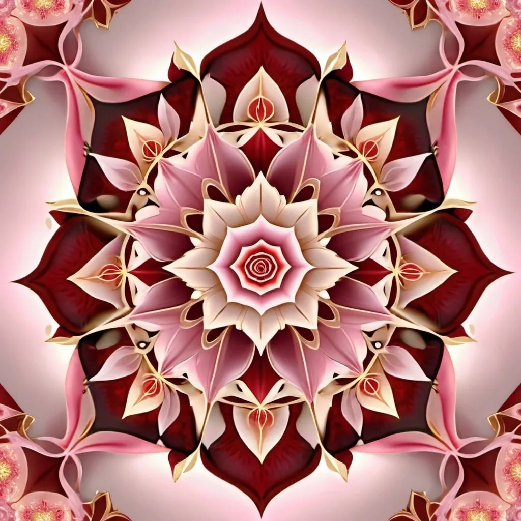 Prompt: A beautiful mandala that is starting from a eight pointed star in the center, growing like organic flesh, pale pink, scarlet and gold,like a living organism, shining bright, growing in symmetrical designs and arabesques, adorned with roses, digital art, masterpiece, highly detailed, 3d modelling, 4k resolution, abstract art, digital art, photographic