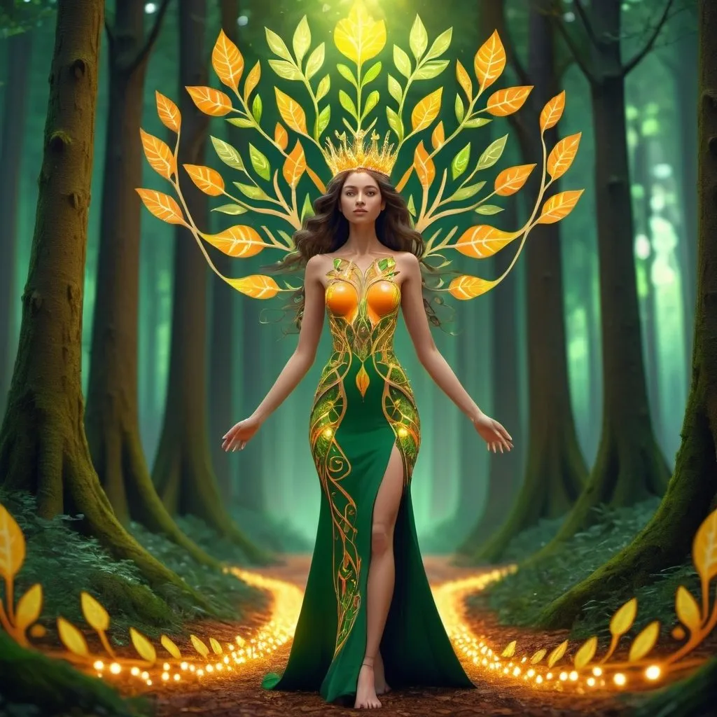 Prompt: A beautiful woman is walking in the middle of a forest, she's offering her hand, growing like a crown of a tree, green, orange and gold,like a living organism, shining bright, dressed with symmetrical designs of leaves and arabesques, adorned with yellow lights, masterpiece, highly detailed, 3d modelling, 4k resolution, abstract art, digital art, photographic