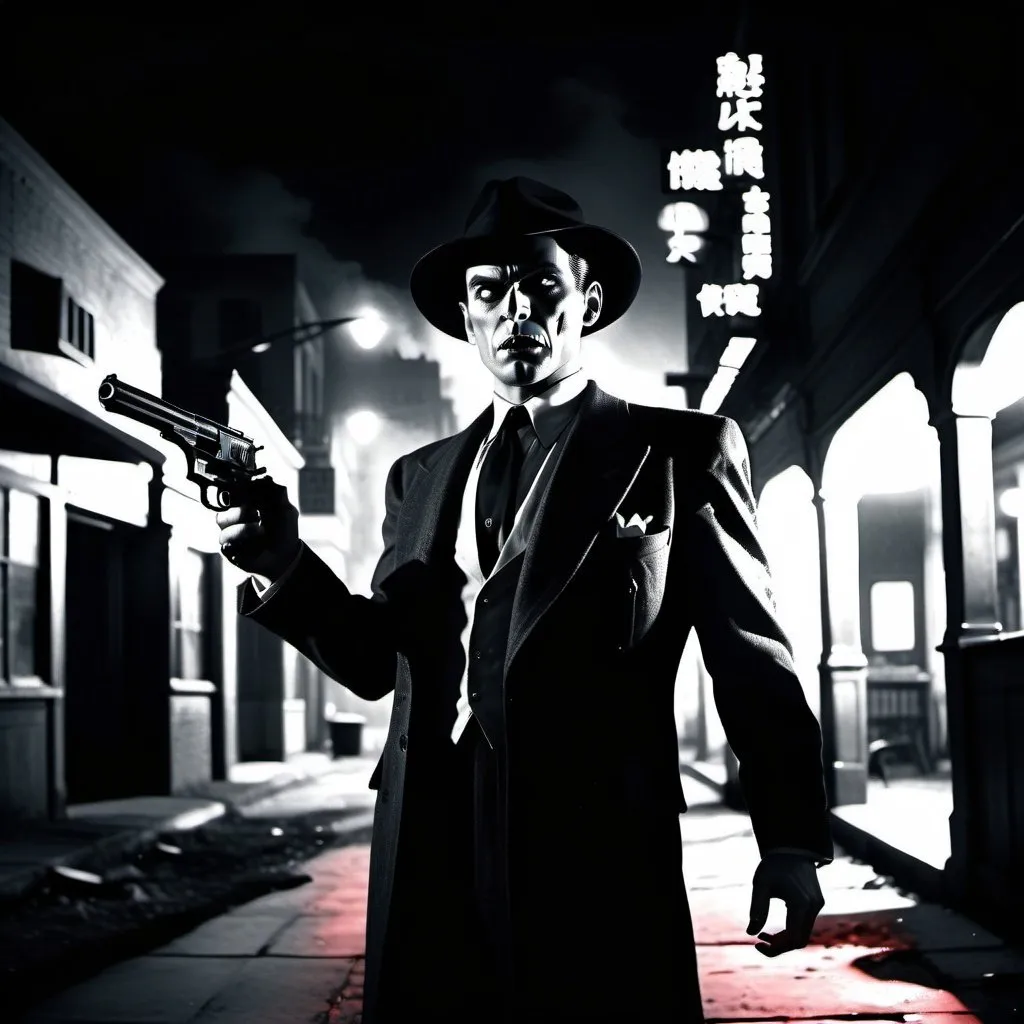 Prompt: dim, night film noir photography, 
a sharp dressed demon is shooting with an handgun,  three quarter wiew, battlefield scenario lovely, merciless, ignominous and pale, sweet, digital art, 1950s, city background, shadows