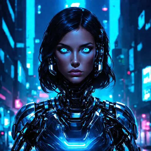 Prompt: "Cyborg girl with metallic features, glowing blue eyes, and futuristic attire, in a dystopian cityscape at night. Add a sense of mystery and intrigue with a dark color palette, neon lights, and cyberpunk elements. Emphasize the contrast between technology and humanity, blending organic and mechanical elements seamlessly. Capture the essence of a cybernetic world with detailed textures, intricate circuitry, and reflections on the metallic surfaces. Aim for a high-quality and visually captivating illustration that showcases the futuristic cyborg concept."