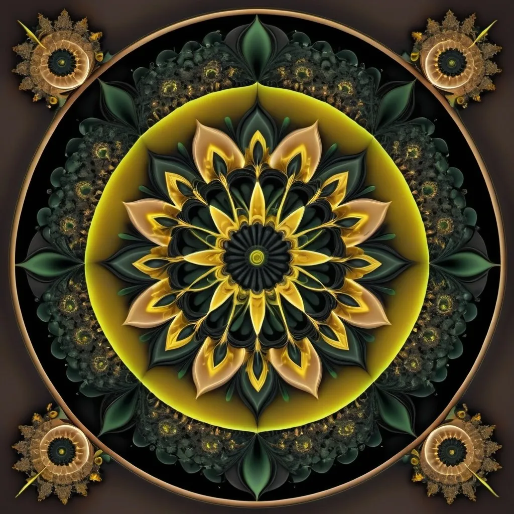 Prompt: 7+√(777×tan(7+7), mandala, centered,dark green,yellow greenish and coal black, organic matter, cellular colony, fractal,hyperdetailed, masterpiece, 3d modelling, deep,abstract art, digital art, Caravaggio art