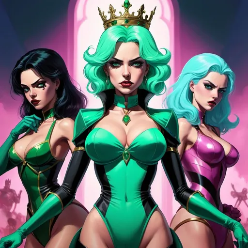 Prompt: Attack of the killer queen, command with power, emerald and sky blue ,female, sweet, three quarter wiew, digital art