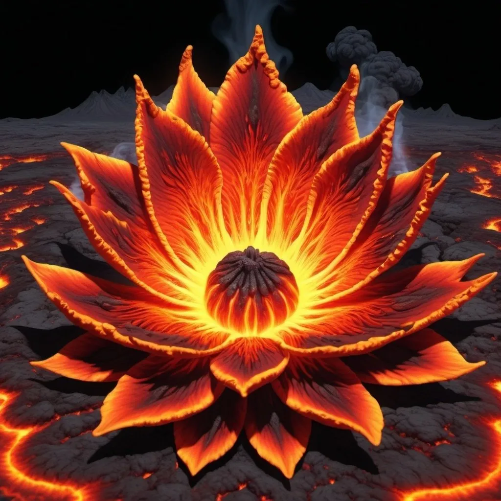 Prompt: A fire flower is growing on a tapestry of boiling magma, relentless,red energy aura,pure, supernatural,highly detailed, 4k resolution, masterpiece,vulcanic caldera scenario,digital art, Druillet art, 1980s 