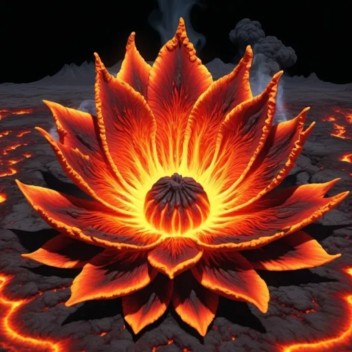 Prompt: A fire flower is growing on a tapestry of boiling magma, relentless,red energy aura,pure, supernatural,highly detailed, 4k resolution, masterpiece,vulcanic caldera scenario,digital art, Druillet art, 1980s 