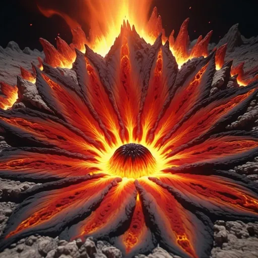 Prompt: A fire flower is growing on a tapestry of boiling magma, relentless,red energy aura,pure, supernatural,highly detailed, 4k resolution, masterpiece,vulcanic caldera scenario,digital art, Druillet art, 1980s 