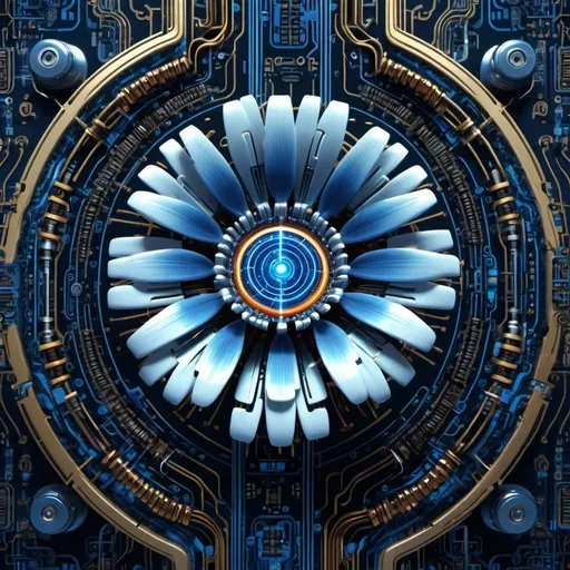 Prompt: A robotic flower is growing on a tapestry of circuits, relentless,blue energy aura,pure, supernatural,highly detailed, 4k resolution, masterpiece,futuristic factory scenario,digital art, Druillet art, 1980s 