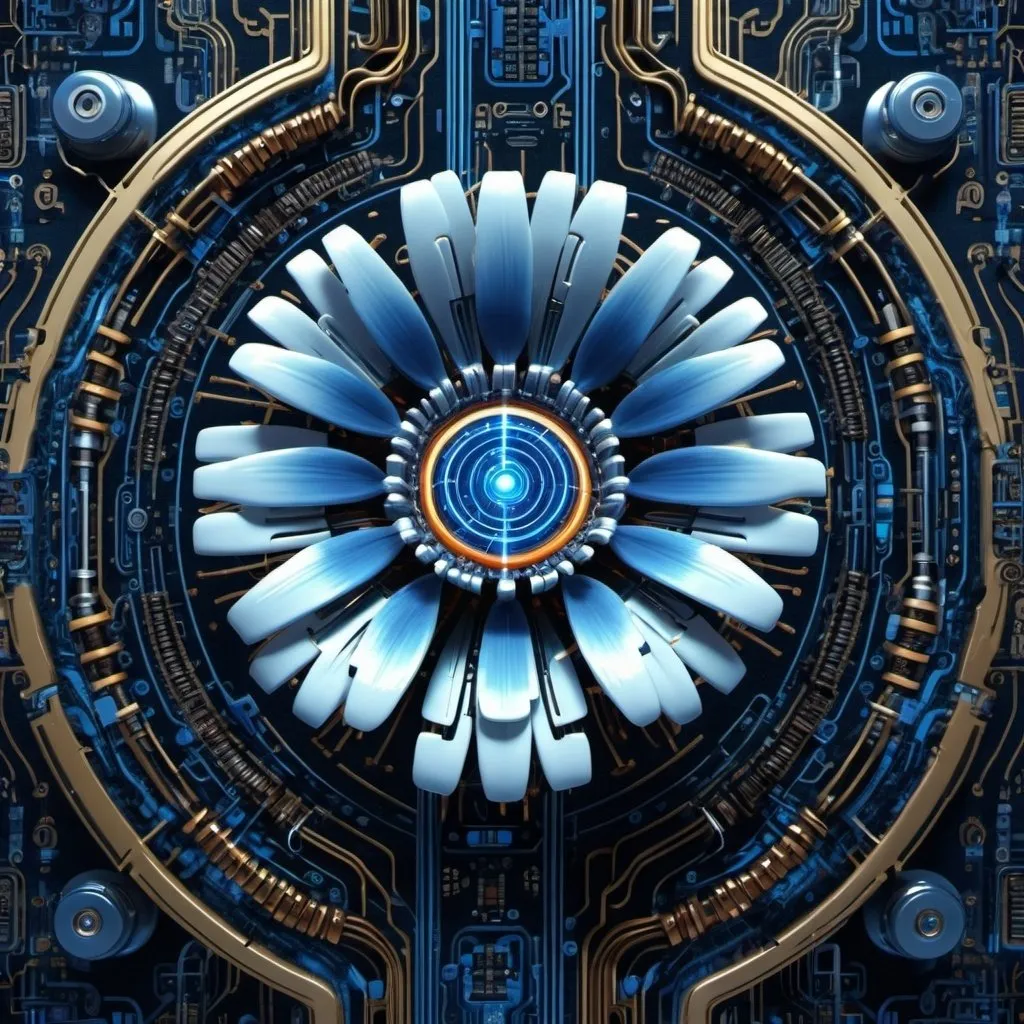 Prompt: A robotic flower is growing on a tapestry of circuits, relentless,blue energy aura,pure, supernatural,highly detailed, 4k resolution, masterpiece,futuristic factory scenario,digital art, Druillet art, 1980s 