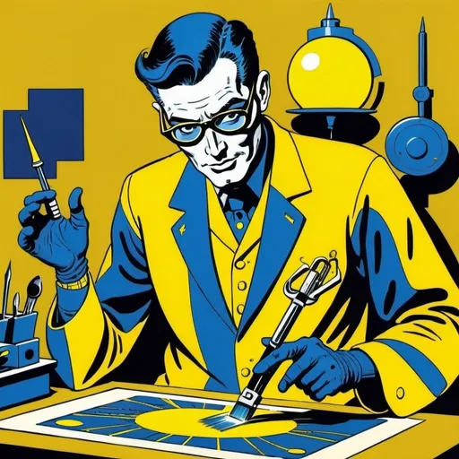 Prompt: Silk screen comic book illustration, A technological magician dressed in indigo and yellow who is displaying his art using his tools,1960s retro futurism