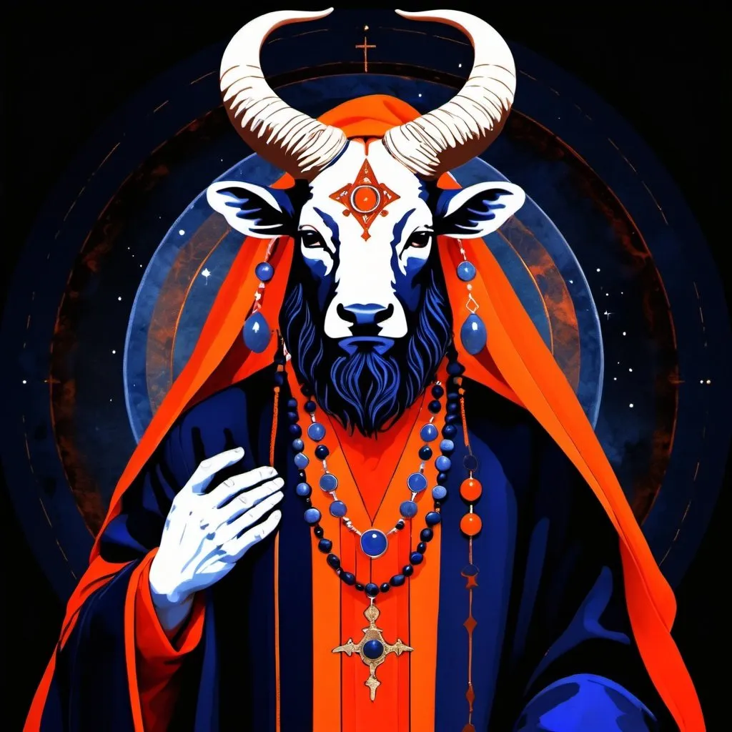 Prompt: The Hierophant, dressed in red orange, deep indigo, deep warm olive and rich brown, triumphal, the Magus of the Eternal, Taurus,  Caza art, digital art