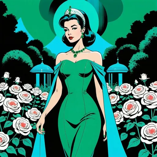 Prompt: Silk screen comic book illustration,A futuristic young and elegant empress dressed in emerald green and sky blue is walking among a garden of roses,1960s retro futurism
