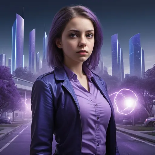 Prompt:   a young lady,displaying her own power. ((changing, knowledge, defiance, plotting, foreseeing)),((violet,blue,purple)),(( Full figure wiew)). ((Three quarter wiew)),((deep wiew)),modern suburbs scenario background,photographic,ultra high resolution,hyperdetailed, masterpiece, 3d modelling, digital art.