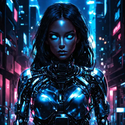 Prompt: "Cyborg girl with metallic features, glowing blue eyes, and futuristic attire, in a dystopian cityscape at night. Add a sense of mystery and intrigue with a dark color palette, neon lights, and cyberpunk elements. Emphasize the contrast between technology and humanity, blending organic and mechanical elements seamlessly. Capture the essence of a cybernetic world with detailed textures, intricate circuitry, and reflections on the metallic surfaces. Aim for a high-quality and visually captivating illustration that showcases the futuristic cyborg concept."