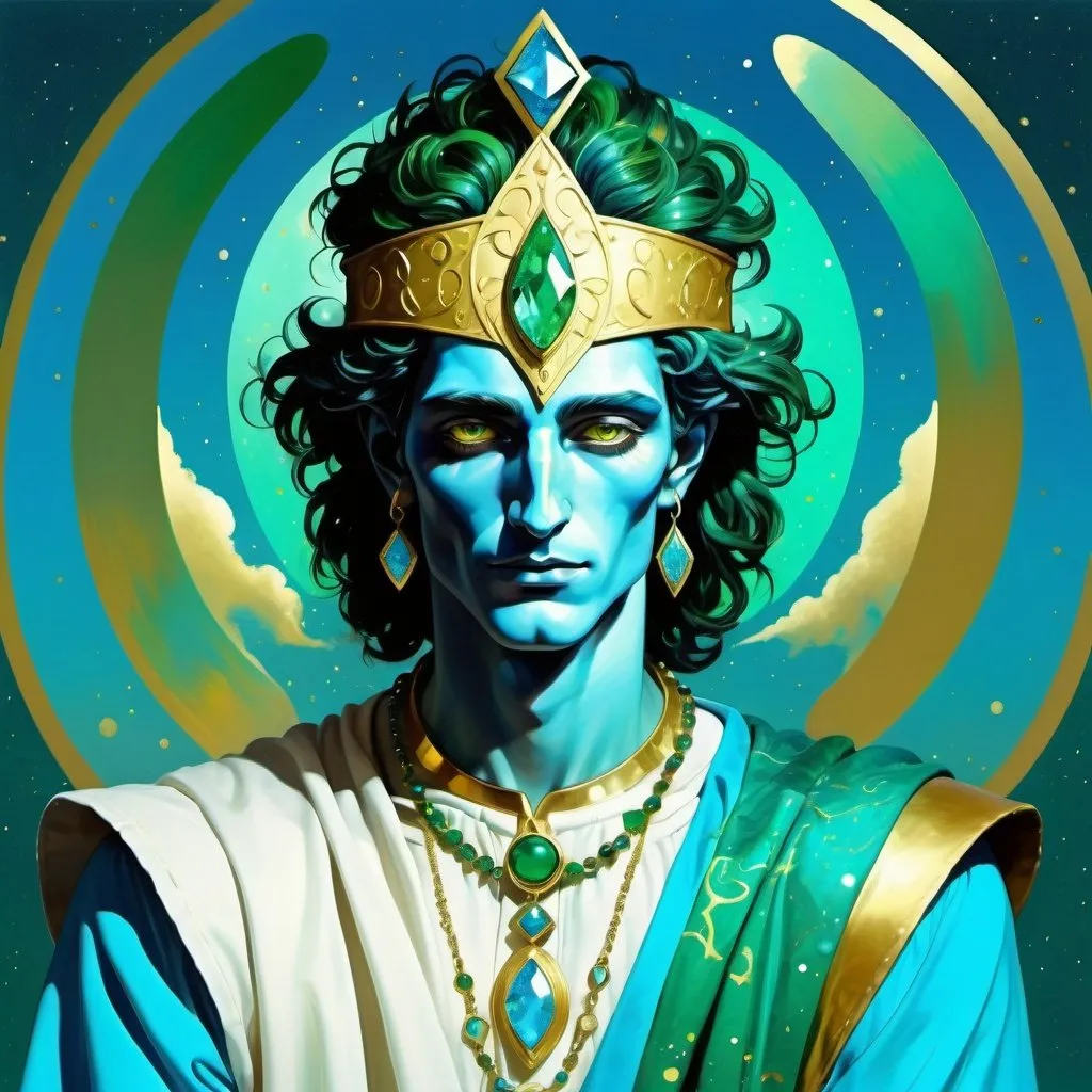 Prompt: the Fool, dressed in sky blue, bright pale yellow, blue emerald green and emerald flecked gold, scintillating intelligence, the Spirit of the Aethyr, Air, Caza art, digital art