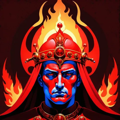 Prompt: The Emperor, dressed in red, scarlet, brilliant flame and glowing red, constituiting intelligence, The Son of the Morning, chief among the 
Mighty, Aries,  Caza art, digital art