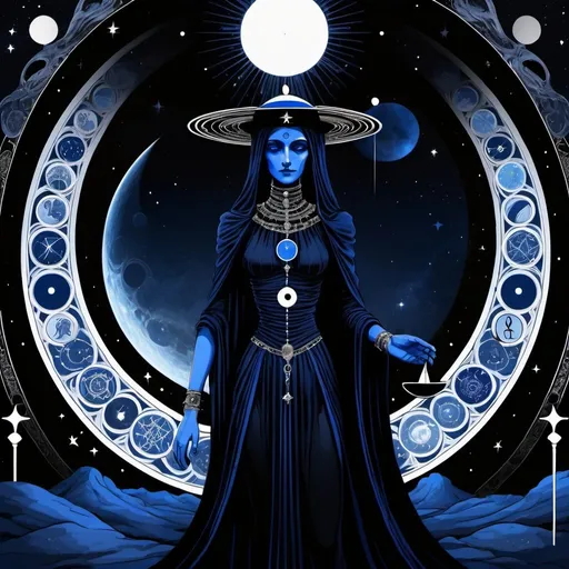 Prompt: A human figure who personifying the tarot of The Universe, dressed in indigo, black, blue black and black rayed blue, administrative intelligence, the Great One of the Night of Time, Saturn, Caza art, digital art