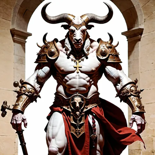 Prompt: A Minotaur, the Magus of the Eternal, the Pope