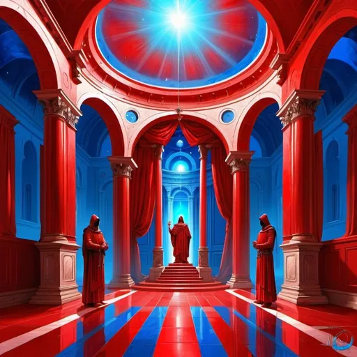 Prompt: The House of God, dressed in scarlet, red, venetian red and bright red rayed azure, exciting intelligence, the Lord of the Hosts of the Mighty, Mars, Caza art, digital art