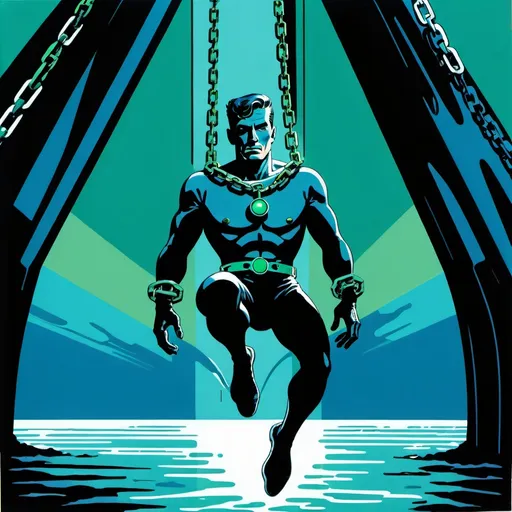 Prompt: Silk screen comic book illustration, a futuristic man dressed in deep blue and sea green is haging on a chain and suspended over the waters, detailed,1960s retro futurism