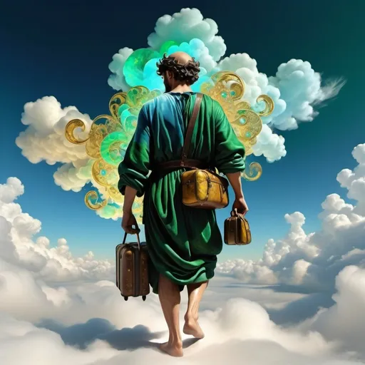 Prompt:  an intricate cloud system is shaping the figure of the spirit of the aethyr, a wanderer is walking with his luggage, male, scintillating intelligence,dominant  pale yellow, sky blue, blue emerald green and emerald flecked gold color tonality, fractal, brilliant colours, masterpiece, highly detailed, 4k resolution,  3d modelling, digital art, abstract art, Caravaggio art