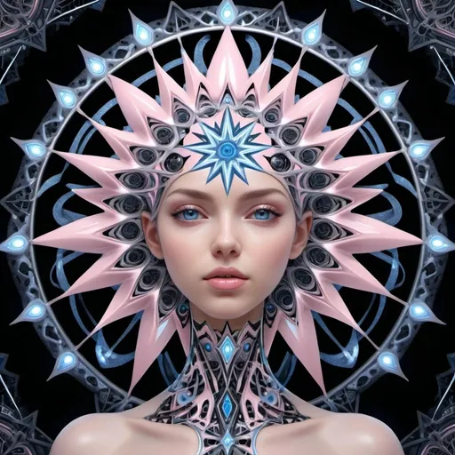 Prompt: A beautiful woman who is growing from a eight pointed star in the center, growing like a biomechanical organism, pale pink, black and metallic silver,like a living organism, shining bright, growing in symmetrical designs and arabesques, adorned with blue lights, digital art, masterpiece, highly detailed, 3d modelling, 4k resolution, abstract art, digital art, photographic


