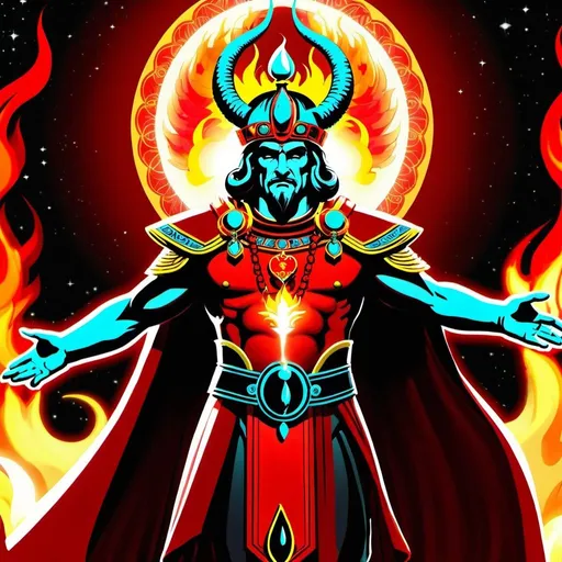 Prompt: The Emperor, dressed in red, scarlet, brilliant flame and glowing red, constituiting intelligence, The Son of the Morning, chief among the 
Mighty, Aries,  Caza art, digital art