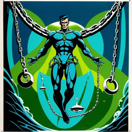 Prompt: Silk screen comic book illustration, a futuristic man dressed in deep blue and sea green is haging on a chain and suspended over the waters, detailed,1960s retro futurism