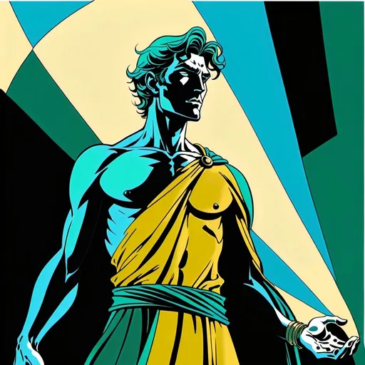 Prompt: A male human figure who personifying the Spirit of the Aethyr, in bright pale yellow, sky blue, blue emerald green and emerald flecked gold, digital art, dramatic, graphic novel illustration,  2d shaded retro comic book