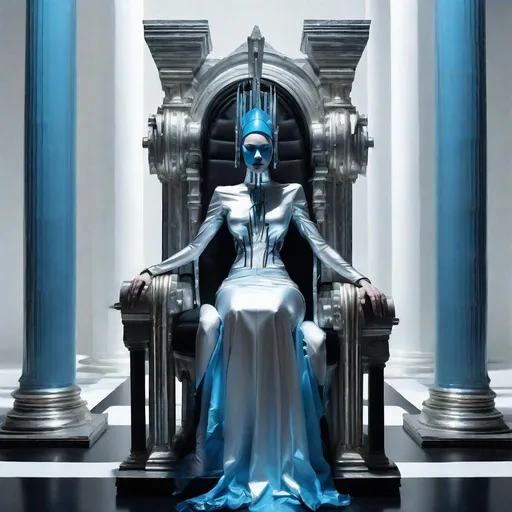 Prompt: √(2×4)+5^(2),A  priestess half human and half machine dressed in silver and cold blue who is sitting on a throne between two columns, one white and one black , expressionism, vibrant use light shadow