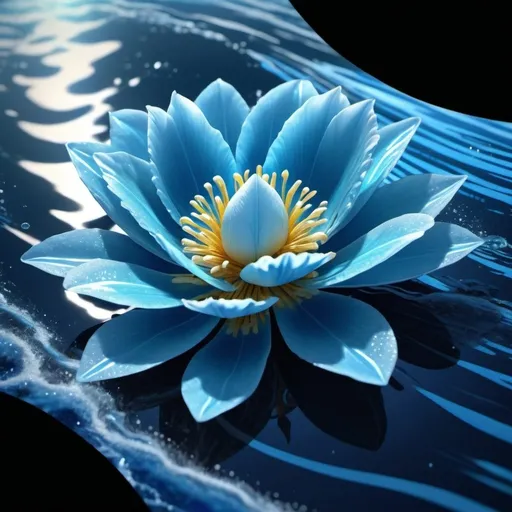 Prompt: A water flower is growing on a tapestry of restless ocean surface, relentless,blue energy aura,pure, supernatural,highly detailed, 4k resolution, masterpiece,ocean scenario,digital art, Druillet art, 1980s 