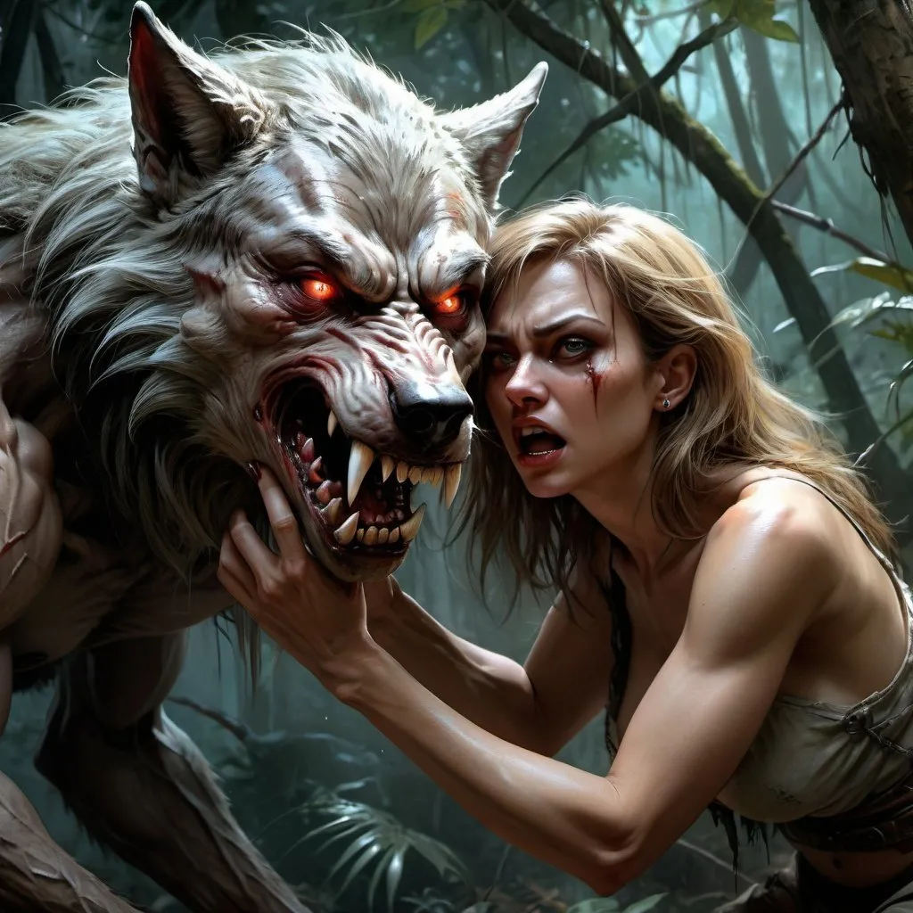 Prompt: A  woman who is forcing a werewolf into submission, predatorial eyes, devourer, very beautiful, highly detailed, 4k resolution, masterpiece,jungle scenario, Royo art,digital art




