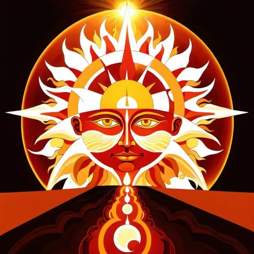 Prompt: The Sun, dressed in orange, gold yellow, rich amber and amber rayed red, collecting intelligence, The Lord of the Fire of the World, Sun, Caza art, digital art
