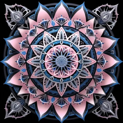 Prompt:  A beautiful mandala that is starting from a eight pointed star in the center, growing like a biomechanical organism, pale pink, black and metallic silver,like a living organism, shining bright, growing in symmetrical designs and arabesques, adorned with blue lights, digital art, masterpiece, highly detailed, 3d modelling, 4k resolution, abstract art, digital art, photographic