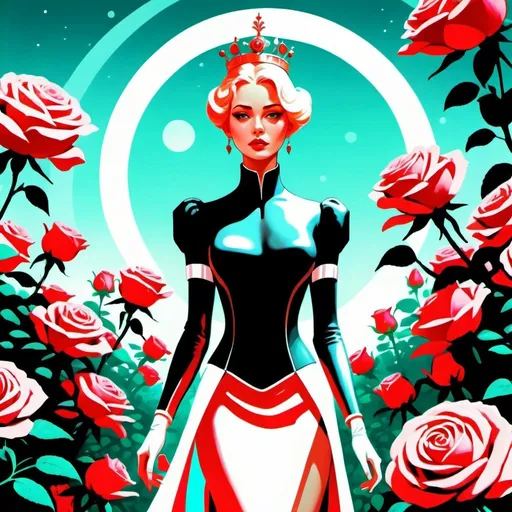 Prompt: A futuristic young and elegant empress is walking among a garden of roses, digital art, science-fiction, pulp style
