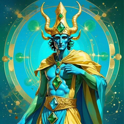 Prompt: the Fool, dressed in sky blue, bright pale yellow, blue emerald green and emerald flecked gold, scintillating intelligence, the Spirit of the Aethyr, Air, Caza art, digital art