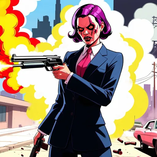 Prompt: GTA V cover art, 
a sharp dressed demon is shooting with a shotgun, female, three quarter wiew, battlefield scenario lovely, merciless, ignominous and pale, sweet digital art, cartoon illustration
