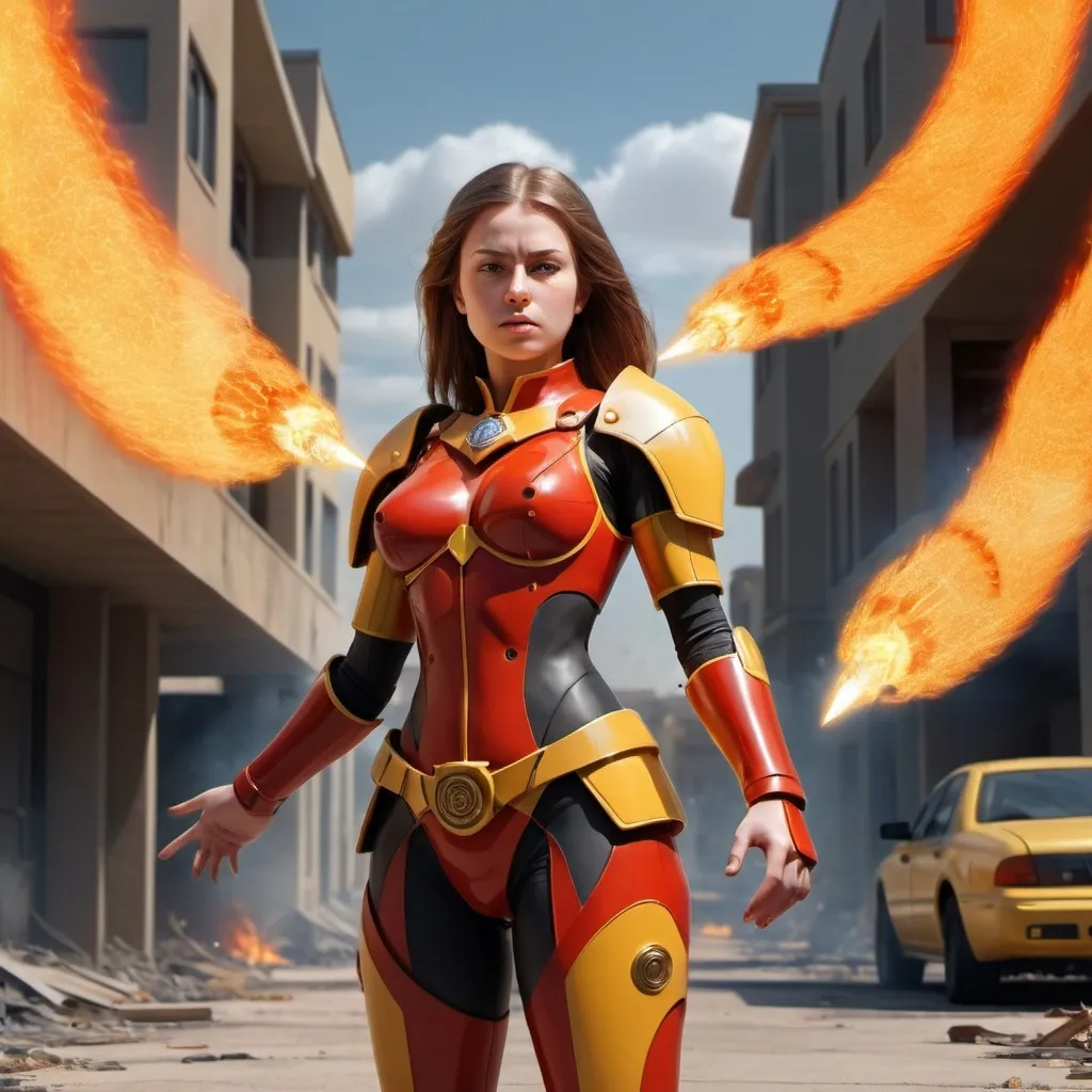 Prompt:  a young lady,displaying her own power.((order, law,control, holy,prime power,commander)),((red,gold,light yellow,fire orange)),(( Full figure wiew)). ((Three quarter wiew)),((deep wiew)),modern suburbs scenario background,photographic,ultra high resolution,hyperdetailed, masterpiece, 3d modelling, digital art.