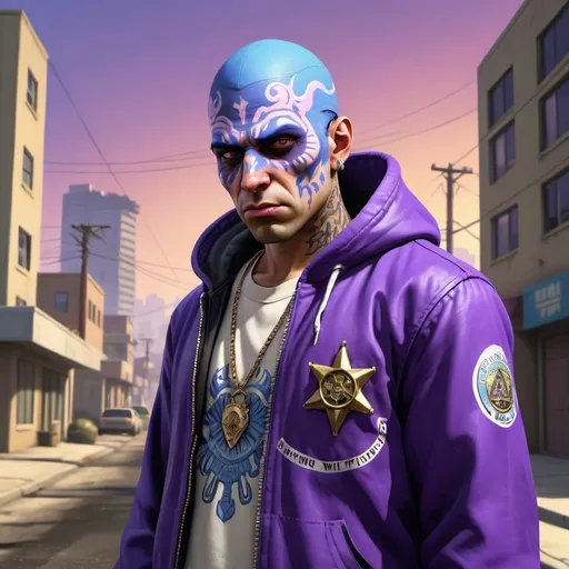 Prompt:  Tzeentch as a young criminal from GTA V,displaying his own power. ((changing, knowledge, defiance, plotting, foreseeing)),((violet,blue,purple)),(( Full figure wiew)). ((Three quarter wiew)).((deep wiew)),modern suburbs scenario background,photographic,ultra high resolution,hyperdetailed, masterpiece, 3d modelling, digital art.