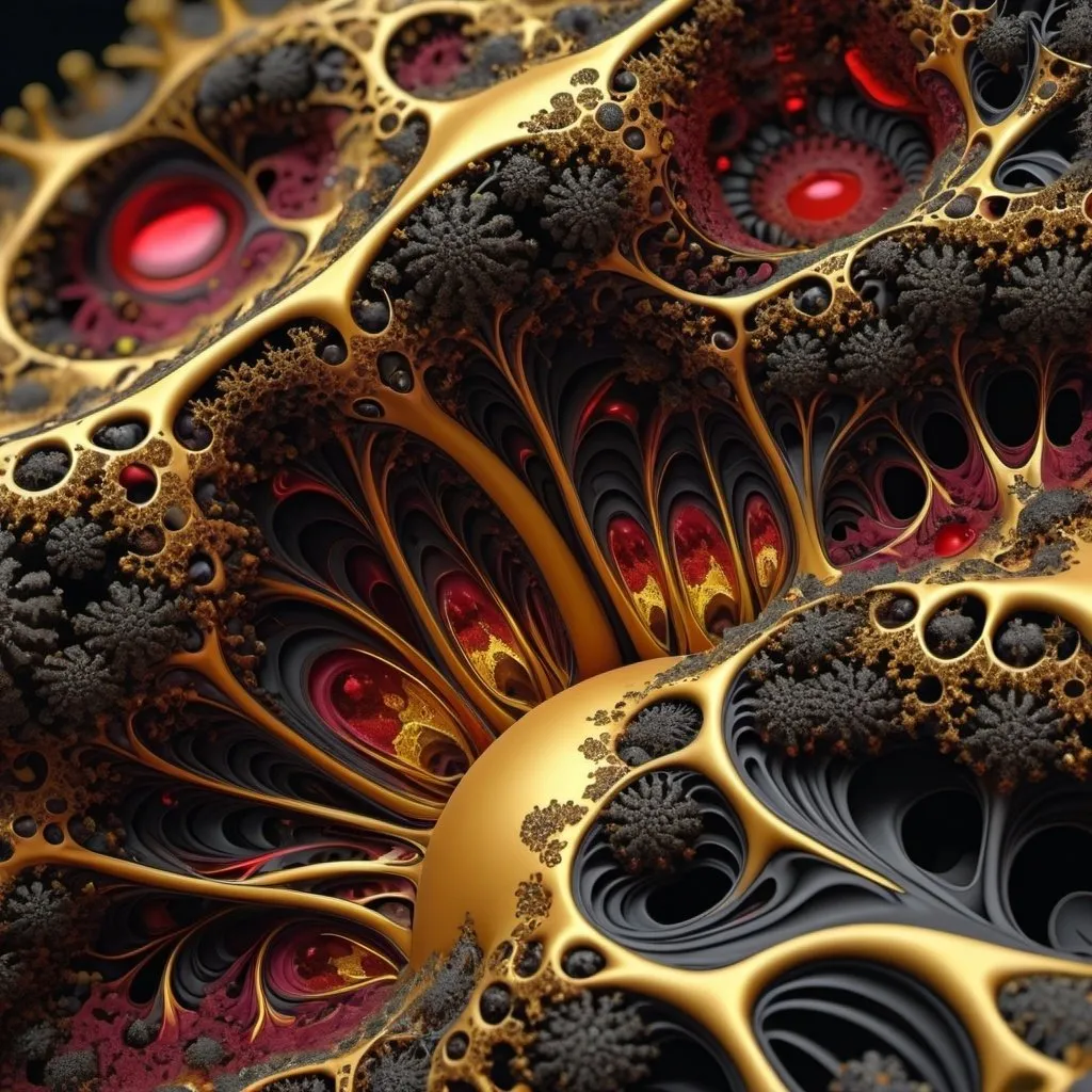 Prompt: 5+√(555×tan(15+15), fractal,crimson, gold and black, organic matter, cellular colony, deep wiew,4k resolution,hyperdetailed, masterpiece, 3d modelling, abstract art, digital art