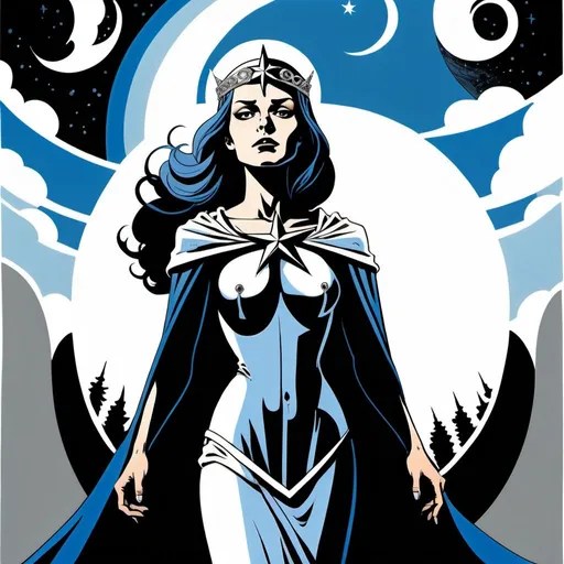 Prompt: A female human figure who personifying the Priestess of the Silver Star, in blue, silver, cold pale blue and silver rayed sky blue , digital art dramatic, graphic novel illustration,  2d shaded retro comic book