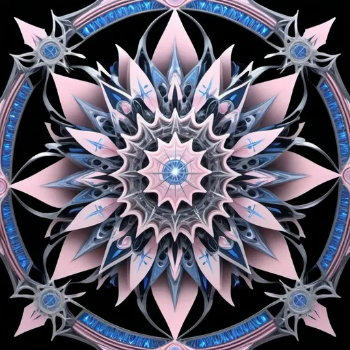 Prompt: A beautiful woman who is growing from a eight pointed star in the center, growing like a biomechanical organism, pale pink, black and metallic silver,like a living organism, shining bright, growing in symmetrical designs and arabesques, adorned with blue lights, digital art, masterpiece, highly detailed, 3d modelling, 4k resolution, abstract art, digital art, photographic


