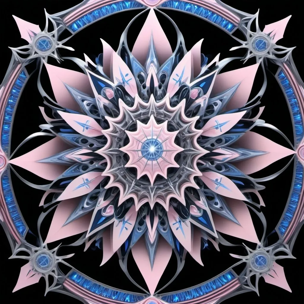 Prompt: A beautiful woman who is growing from a eight pointed star in the center, growing like a biomechanical organism, pale pink, black and metallic silver,like a living organism, shining bright, growing in symmetrical designs and arabesques, adorned with blue lights, digital art, masterpiece, highly detailed, 3d modelling, 4k resolution, abstract art, digital art, photographic


